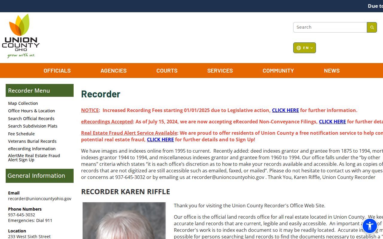 Marysville residents directory Union County Recorder record source