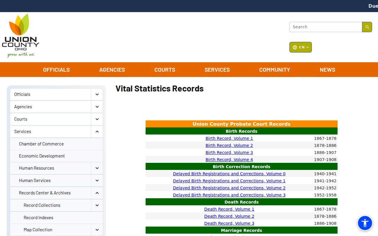 Marysville previous residents Union County scanned historical vital records