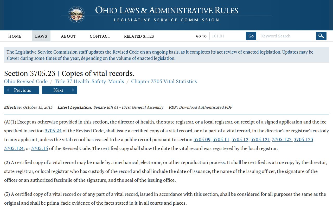 Marysville ZIP code directory Ohio vital records access statute